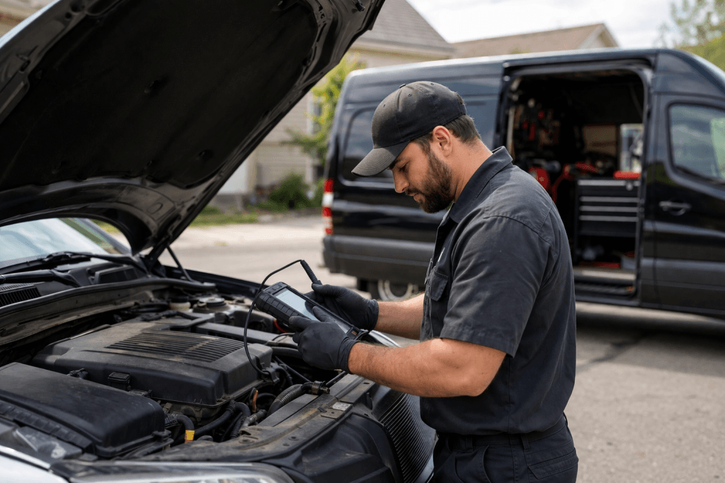 Mechanic diagnosing car on driveway